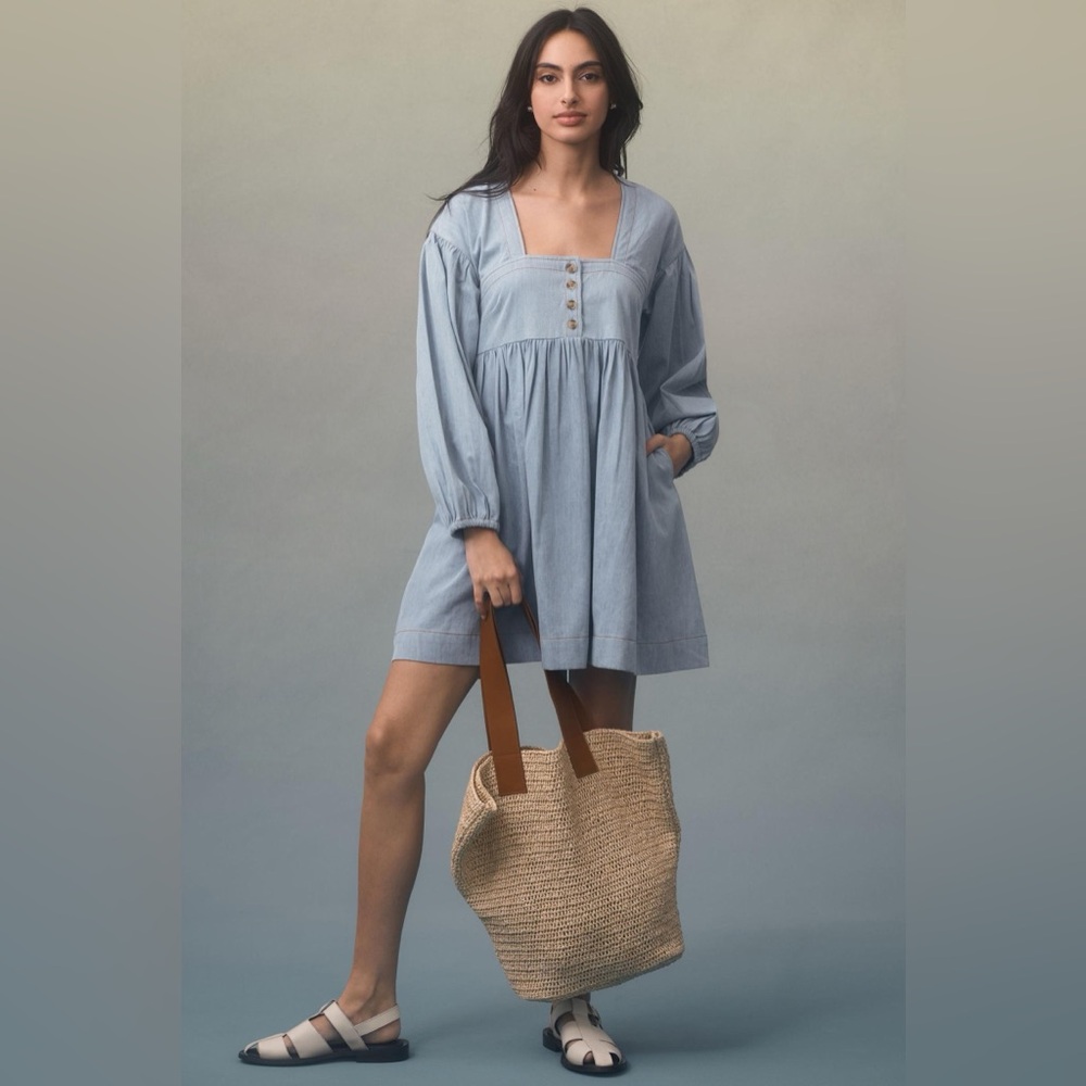 ANTHROPOLOGIE Long-Sleeve Square-Neck Denim Babydoll Mini Dress Size Small